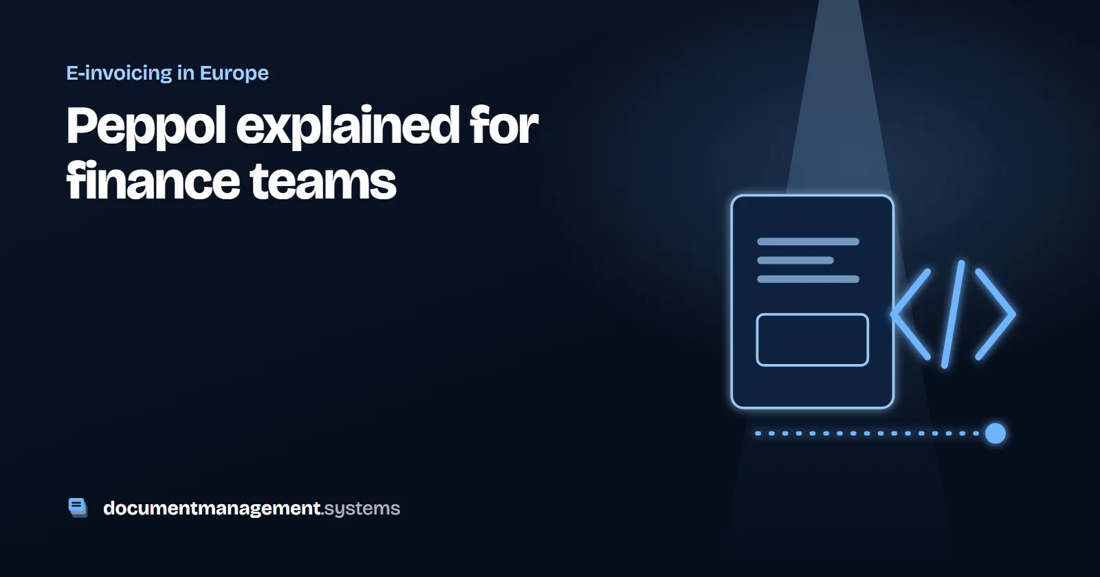 Illustration: an e-invoice document with code brackets and a dotted line to a network node
